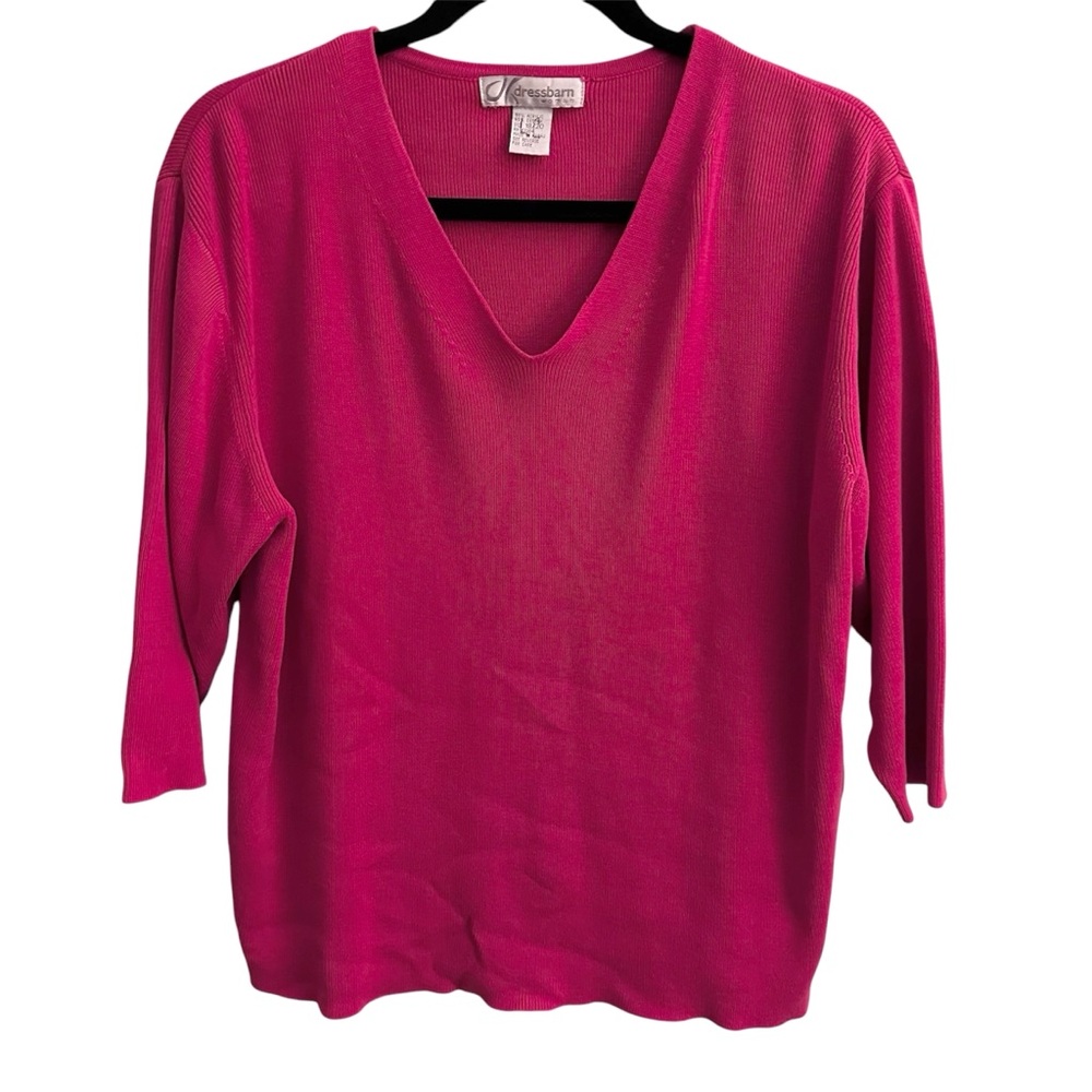 Dress Barn Fuchsia 3/4 Sleeve V-Neck Ribbed Knit Stretch Sweater Size 18/20